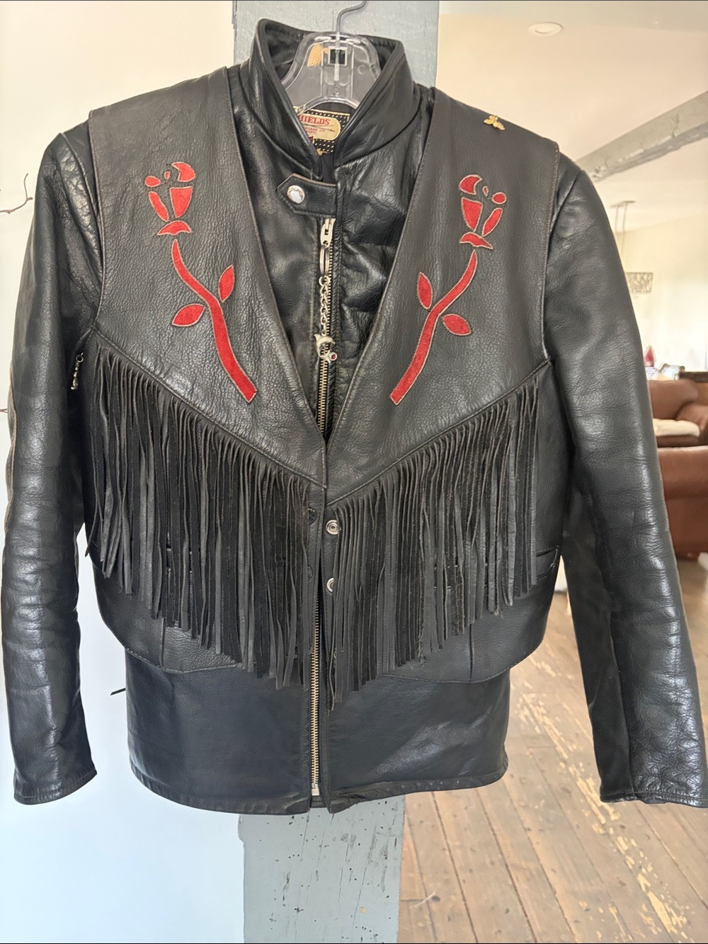 VintageBlack Leather jacket and a Fringe vest with Red Rose Appliqué by shields